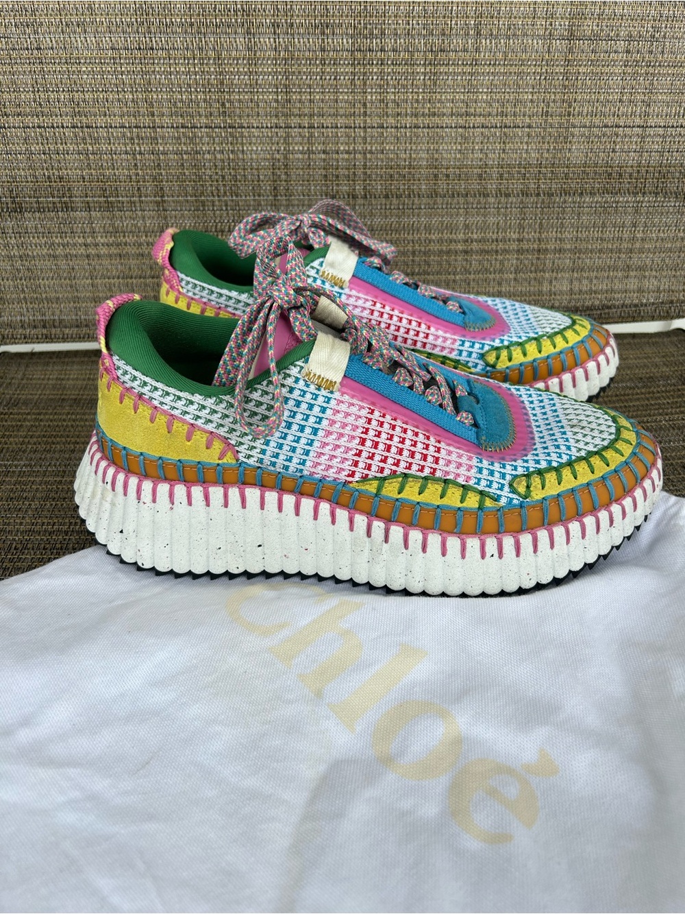 CHLOE 36 US 6 Multicolor Nama Woven Platform Sneakers Happy yellow pink White